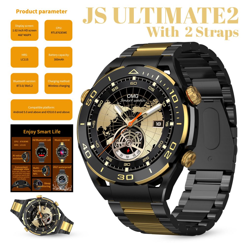 js_ultimate2_smart_watch_153_inch_bt_call_rdfit_app_with_2_straps_silicone_strapsteel_belt