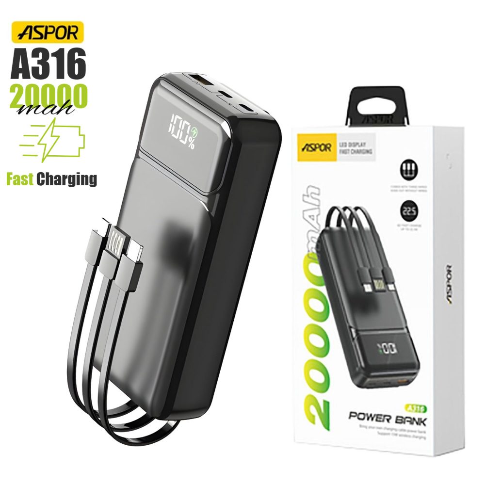 aspor_a316_20000mah_225w_high_speed_built_in_cable_fast_charging_power_bank_black